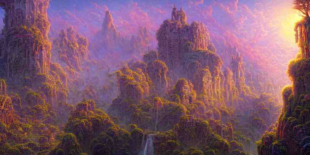 intricate detailed misty valley of ruins fantasy at dawn. Lisa Frank, james gurney,dan luvisi,Petros Afshar,tim hildebrandt,liam wong,Mark Riddick,thomas kinkade,ernst haeckel,dan mumford,trending on artstation,josephine wall, WLOP ,cgsociety by Gediminas Pranckevicius, trending on cgsociety and DeviantArt