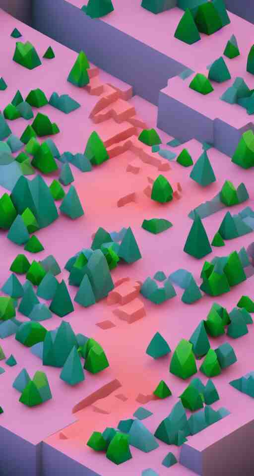 a cute little matte low poly isometric cherry blossom forest island, pink waterfalls, mist, lat lighting, soft shadows, trending on artstation, 3d render, monument valley, fez video game,