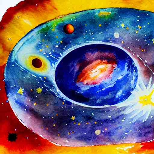 planets colliding, space, stars, sun, earth, planets, explosions, huge explosions in space, watercolor art 