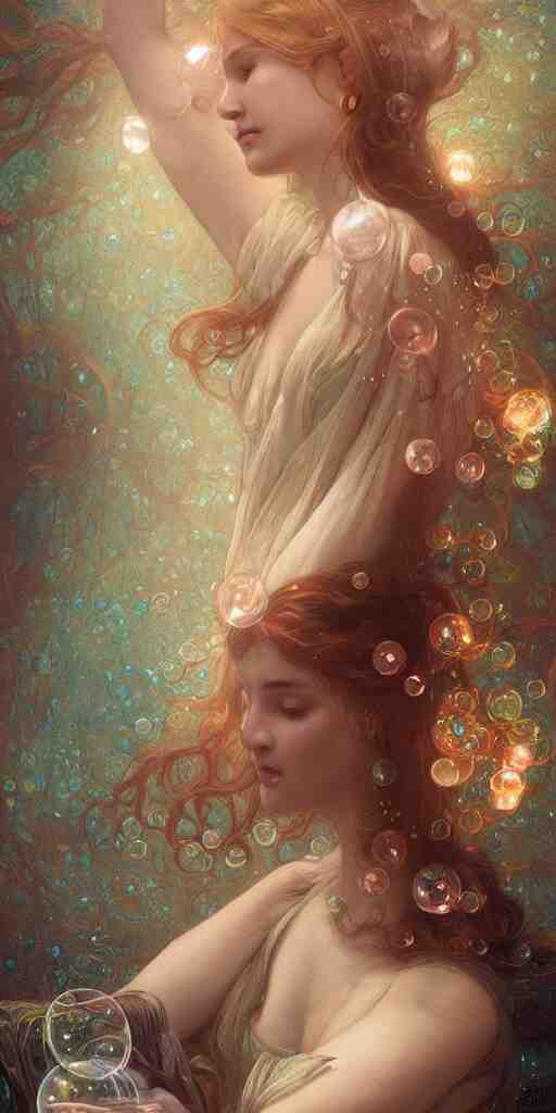 hyper realist matte digital painting of a beautiful woman, floating in water, bubbles rising, fantasy art, photo realistic, dynamic lighting, artstation, volumetric lighting, by mucha, by charlie bowater, by karol bak, by alma tadema 