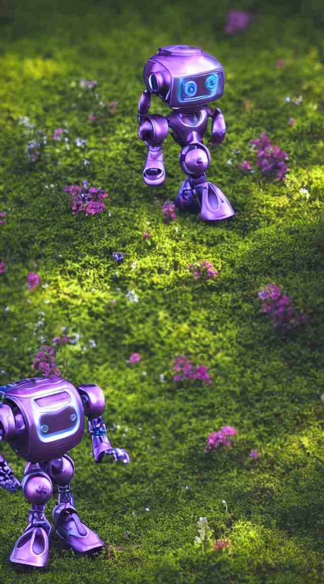 small toy robot in a garden, hyper detailed, sharp focus, bokeh, unreal engine, ray tracing, cute, fantasy, sci fi, purple lights, tiny, small 