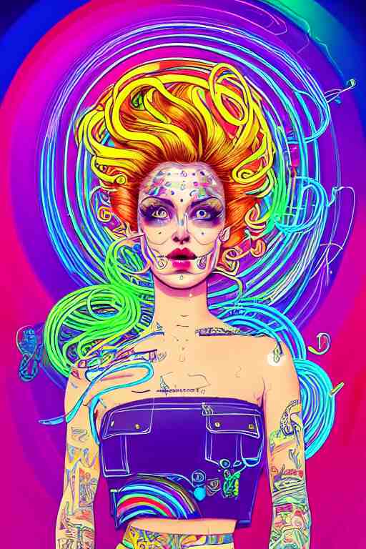 a award winning portrait of a beautiful woman with stunning eyes in a one off shoulder croptop and cargo pants with rainbow colored hair, outlined by whirling illuminated neon lines and fine lines swirling in circles by joe fenton, digital art, trending on artstation 