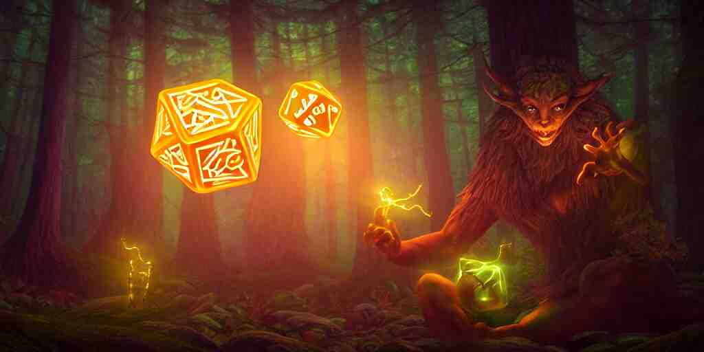 a curious, mythical forest spirit rolling a six - sided dice, d 6 dice, glowing energy, fantasy magic, by willian murai and jason chan, fantasy, dramatic lighting, golden ratio, sharp focus 