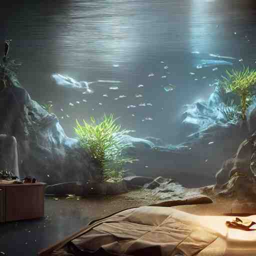 a spacious room with freshwater aquariums as walls, dim light, hyper realistic, ambient lighting, concept art, intricate, hyper detailed, smooth, dynamic volumetric lighting, octane, raytrace, cinematic, high quality, high resolution, 4 k, cgsociety, rutkowski, gurney 