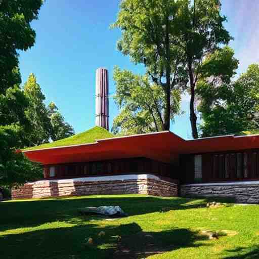 “ an idyllic hill with many small frank lloyd wright houses with cute stylized smoke rising from their chimneys ” 