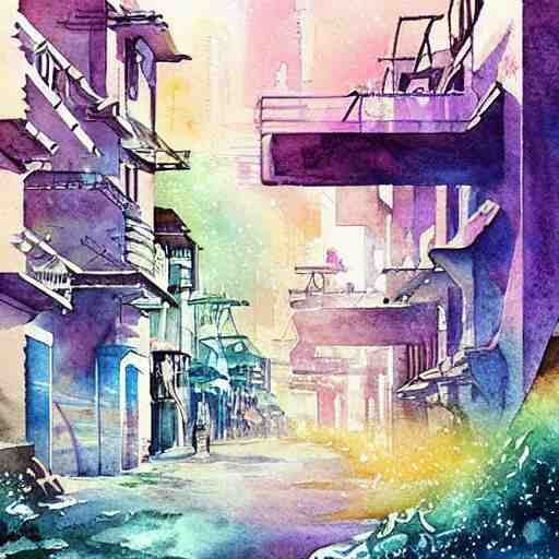 Beautiful happy picturesque charming sci-fi city in harmony with nature. Nice colour scheme, soft warm colour. Beautiful detailed watercolor by Lurid. (2022)