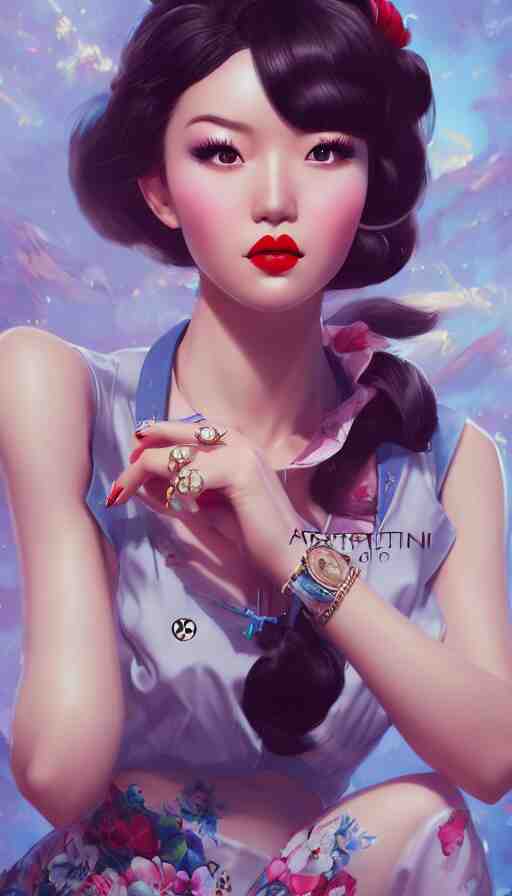 a pin up and beautiful fashion and charming and dreamlke asian girl with lv jewelry, medium shot, art by artgerm & ross tran & wlop, hyperdetailed, 8 k realistic, symmetrical, frostbite 3 engine, cryengine, dof, trending on artstation, digital art 