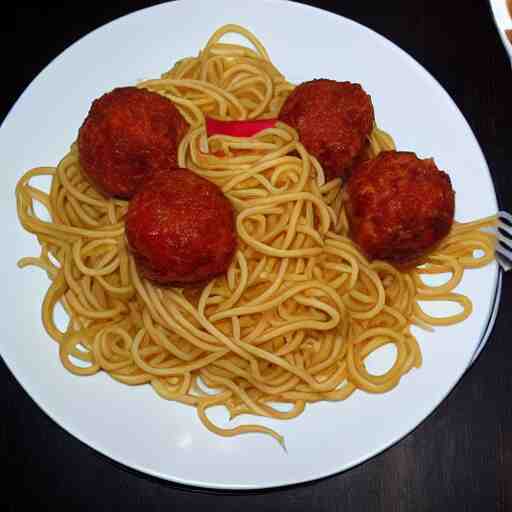 octopus with spaghetti as its tentacles, and a meatball as its body