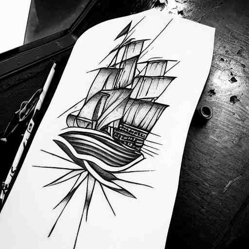 a pirate ship sailing in the sea, realism tattoo design, white paper background, by Matteo Pasqualin tattoo artist