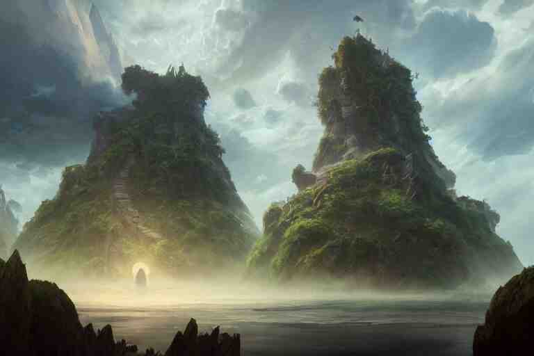 an island in the clouds, concept art, highly detailed, artstation, trending, widescreen resolution, feng zhu, shaddy safadi, noah bradley, tyler edlin, jordan grimmer, darek zabrocki, neil blevins, tuomas korpi 