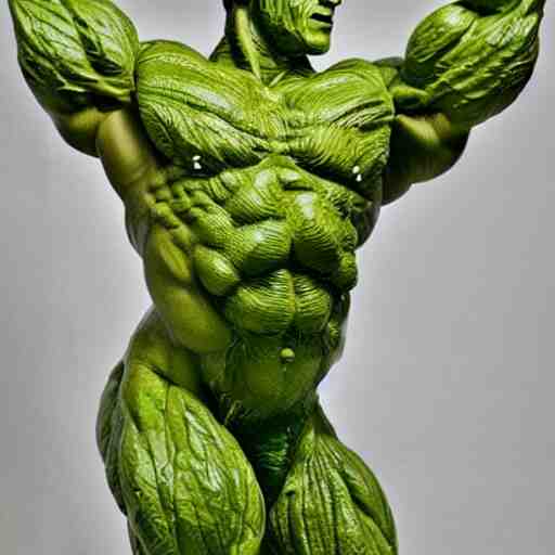 sculpture of a bodybuilder made entirely from fresh broccoli by antoni gaudi 