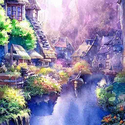 Beautiful happy picturesque charming sci-fi village in harmony with nature. Beautiful light. Water and plants. Nice colour scheme, soft warm colour. Beautiful detailed watercolor by Lurid. (2022)