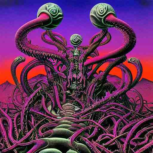 stoner metal album cover in the style of wayne barlowe and  kenny scharf and philippe druillet, realistic, insanely detailed, intricate, smooth, airbrush, play-doh