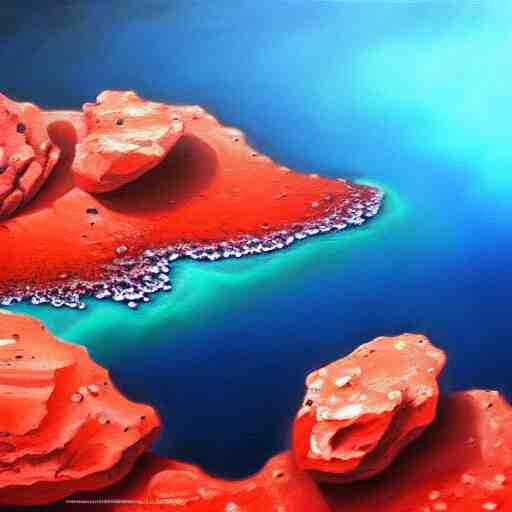 A gorgeous detailed oil painting of a red sea covered in big blue rocks, the further away the mistier it gets, dark aesthetic, atmospheric, moody, highly detailed, masterpiece, award winning, 4k