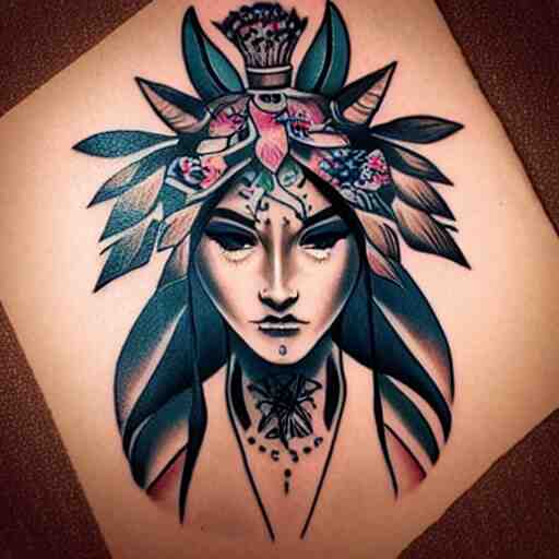 tattoo design, stencil, tattoo stencil, traditional, beautiful portrait of a warrior girl with a wolf headdress on surrounded by flowers, upper body, by artgerm, artgerm, artgerm, digital art, cat girl, anime eyes, anime, sexy-s 100