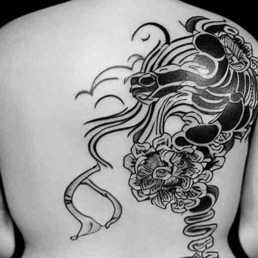 photography of the back of a woman with an detailed irezumi tatto representing a tiger with flowers, mid-shot, editorial photography