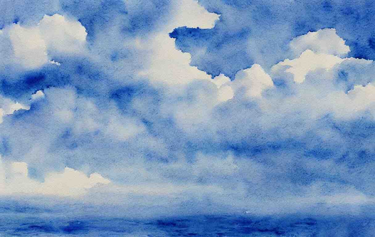 a beautiful watercolor painting of a beautiful ocean with peaceful fluffy clouds in the sky 