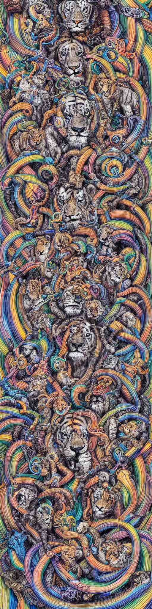 lions and tiger and bears dissolving into melted liquid braids, cubensis, aztec, basil wolverton, r crumb, hr giger, mc escher, dali, muted but vibrant colors, rainbow tubing, 