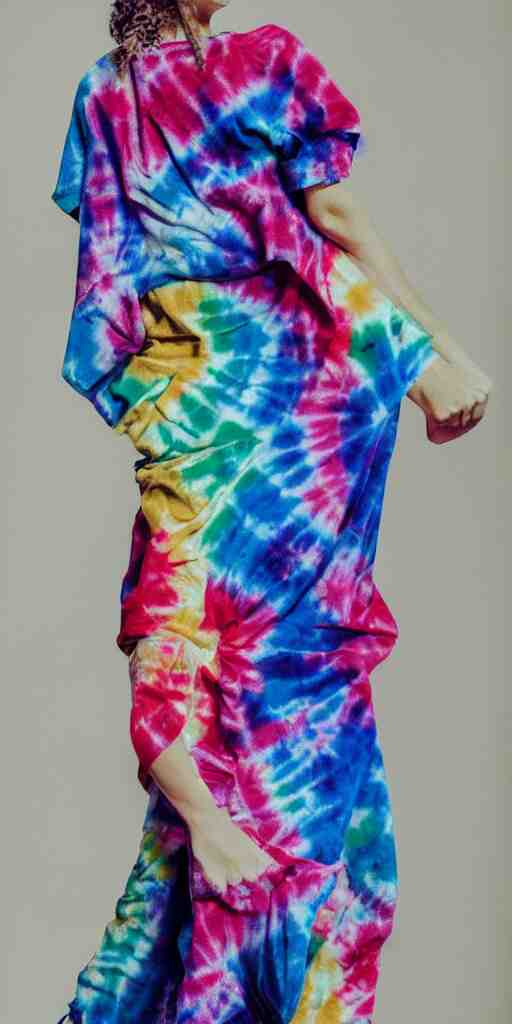 a beautiful woman model dressed in a tie - dye dress, studio photo, hyperrealistic 