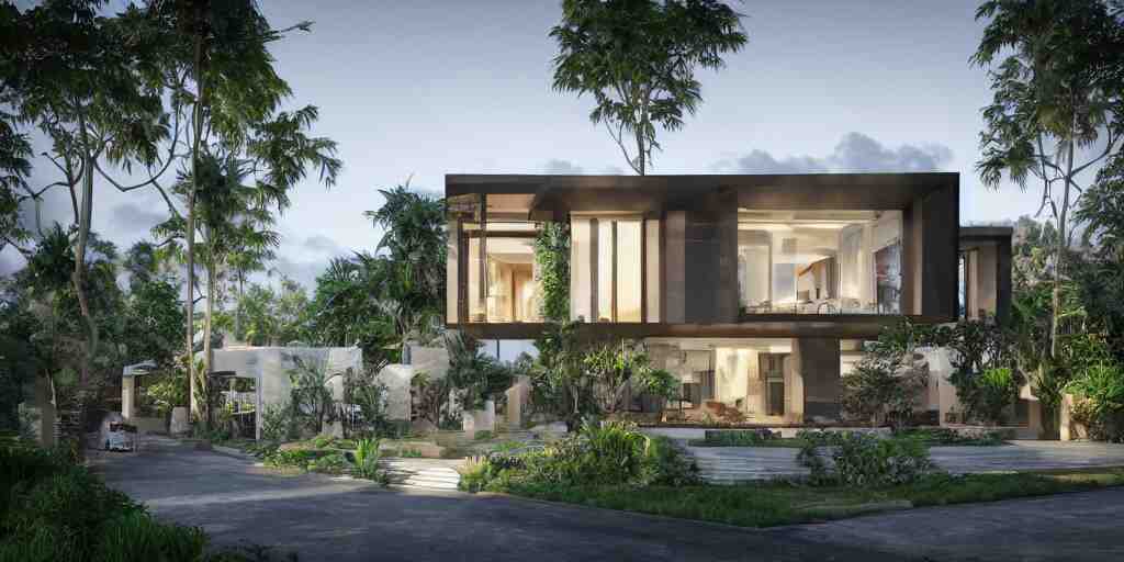 3d rendering  of beautiful nature meets architecture concept of a residential house. balinese architecture, volumetric lighting, luxury, high detail, 14mm, cinematic photography, cg architects,  high resolution