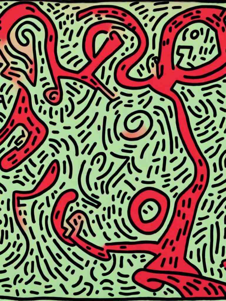 keith haring art of acorn that turns into a tree in the shape of a treble clef, a big rip down the middle, splashes of color, inspirational and powerful 