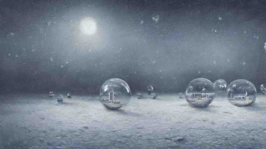 a surreal dreamlike scene of transparent spheres containing miniature cities floating over a barren snowy landscape, somber melancholic matte painting, highly detailed oil painting, liminal space, 8k, stillness, solitude, icy cold pale silent atmosphere, masterpiece