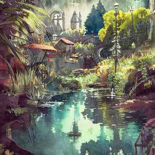 Beautiful happy picturesque charming sci-fi town in harmony with nature. Beautiful light. Water and plants. Nice colour scheme, soft warm colour. Beautiful detailed watercolor by Lurid. (2022)