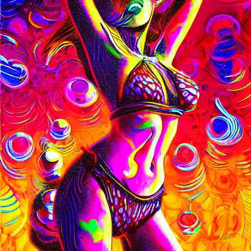 girl in bikini dancing, expressive digital art, psychedelic, lsd, by yoshitaka amano, by dan mumford, trending on artstation, 4 k 