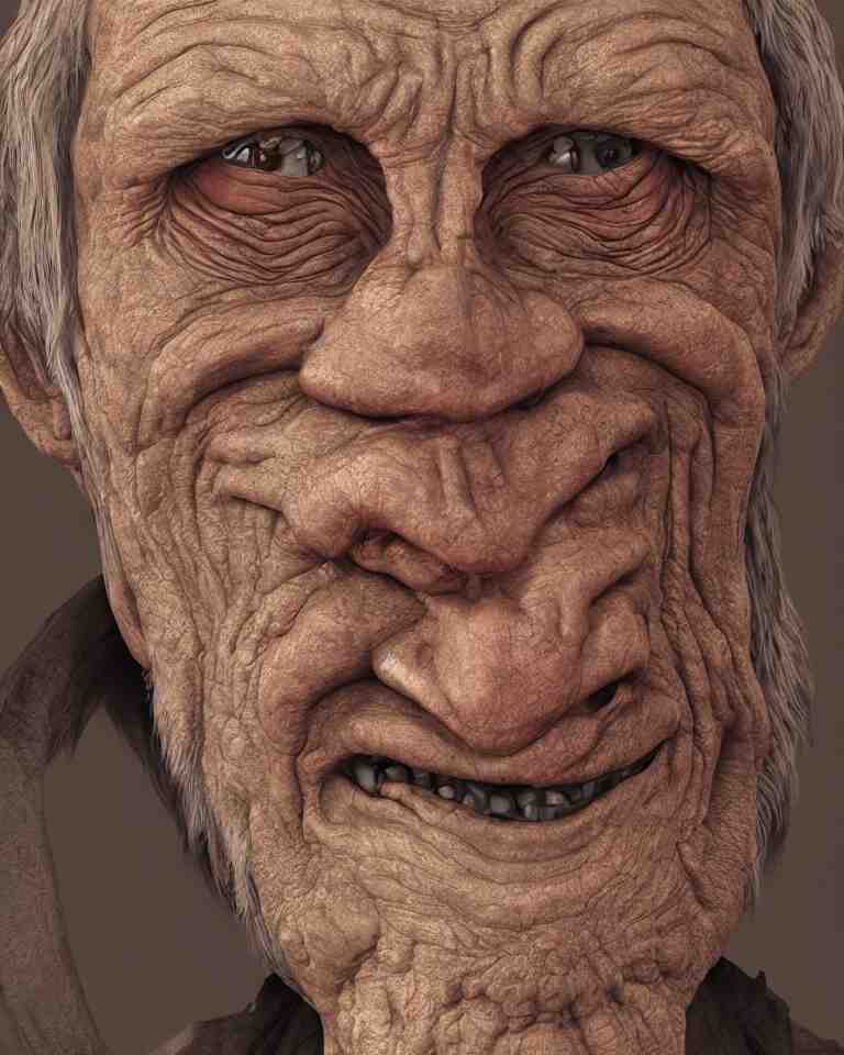 A highly detailed portrait 3D render of a singular craggly old man. Wise, gaunt, ancient, smiling. ZBrush, Blender. Trending on cgsociety.  Dramatic lighting.  Beautiful.  Colorful.  By Mark Mann and Jimmy Nelson.