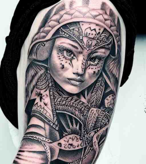 tattoo design on white background of a beautiful girl warrior, hyper realistic, amazing detail, inspired by eliot kohek 