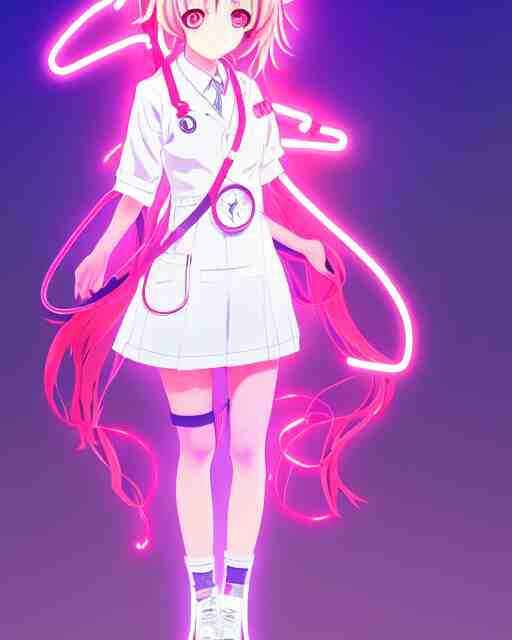 anime style, vivid, expressive, full body, 4 k, painting, a cute magical girl with a long wavy hair wearing a nurse outfit, correct proportions, realistic light and shadow effects, neon lights, centered, simple background, studio ghibly makoto shinkai yuji yamaguchi 