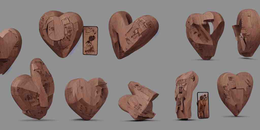 wooden heart design, character sheet, 3d render, Greg Rutkowski, Zabrocki, Karlkka, Jayison Devadas, Phuoc Quan, trending on Artstation, 8K, ultra wide angle, zenith view, pincushion lens effect