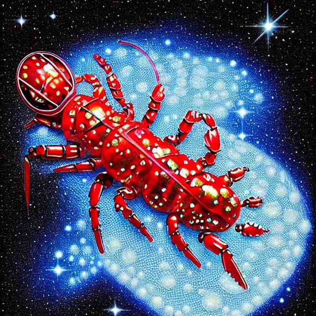 realistic extremely detailed  photo style  painting of a  astronaut eva lobster suit covered in  diamond 3d fractal lace iridescent bubble 3d skin +, camera appendage stalks+helmet clear brain case see through ,in a jumping float pose inside of a futuristic space station blobby holograpic shrink wrap bubble,
,opal ruby diamond iridescent fractal lace bubble materials,alternate reality ceramic age,
monolithic retro futuristic ,water , by style hybrid mix of beeple+Anton Pieck+Jean Delville+ Amano,Yves Tanguy+ Alphonse Mucha+ Ernst Haeckel+ Edward Robert Hughes+Stanisław Szukalski covered with compound eye camera lenses,neutron,
rich moody colors,diamond dust glitter and sparkles, granular detail,holographic krypton ion,blue eyes,octane render,4k,
f32,55mm photography,wide angle ,jumping float Pose,full shot,  