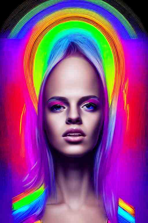 a award winning half body portrait of a beautiful woman with stunning eyes in a croptop and cargo pants with rainbow colored hair, routlined by whirling illuminated neon lines, fine rainbow colored lines swirling in circles, outrun, vaporware, shaded flat illustration, halftone, digital art, trending on artstation, highly detailed, fine detail, intricate 