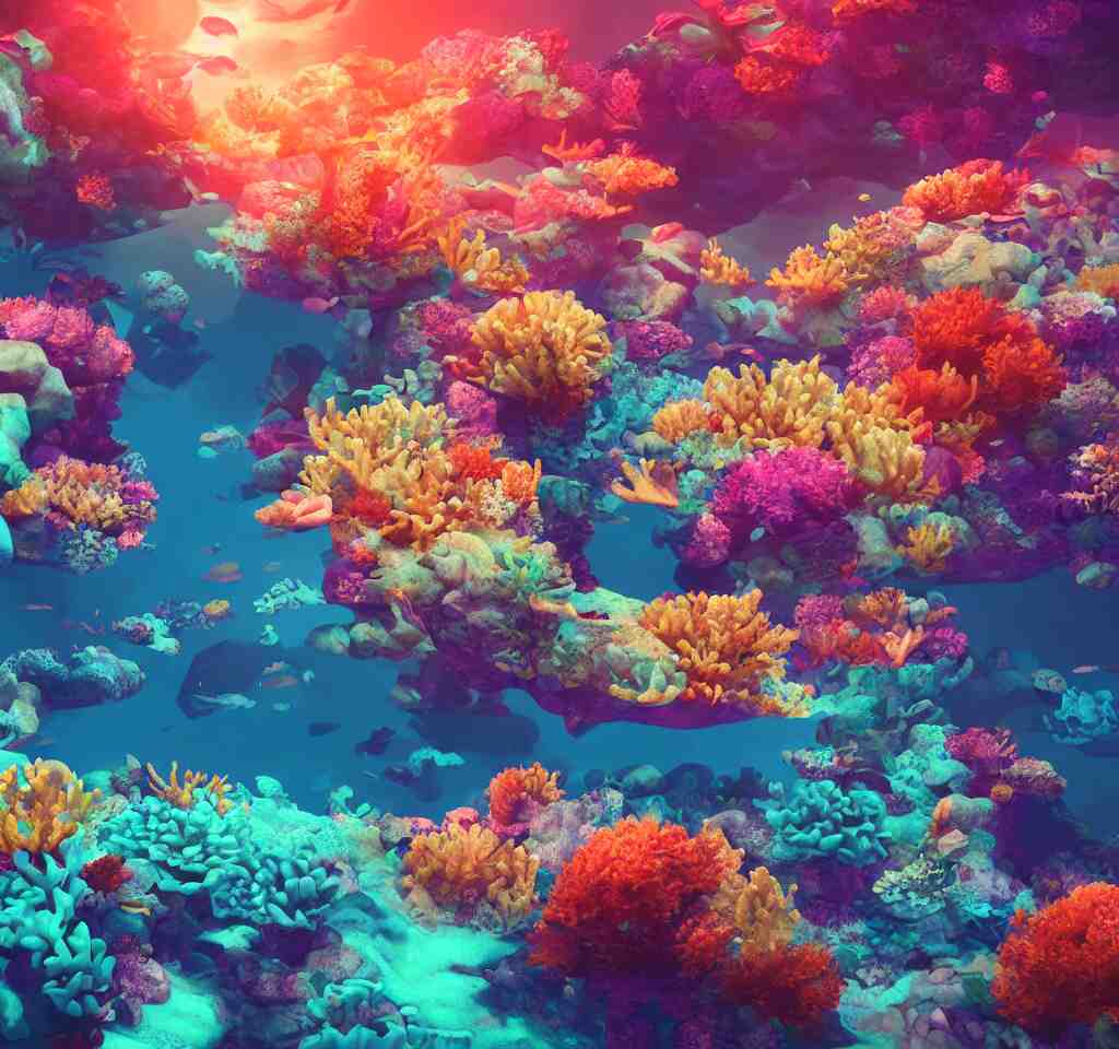 underwater neon coral reef landscape magical realism painting with sun rays coming from above, neon pastel colors, octane render, maya, cinema 4d