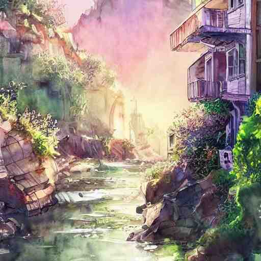 Beautiful happy picturesque charming sci-fi town in harmony with nature. Beautiful light. Water and plants. Nice colour scheme, soft warm colour. Beautiful detailed artistic watercolor by Vincent. (2060)