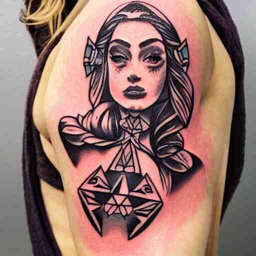 tattoo design, stencil, portrait of princess zelda in a bikini by artgerm, symmetrical face, beautiful, triforce 