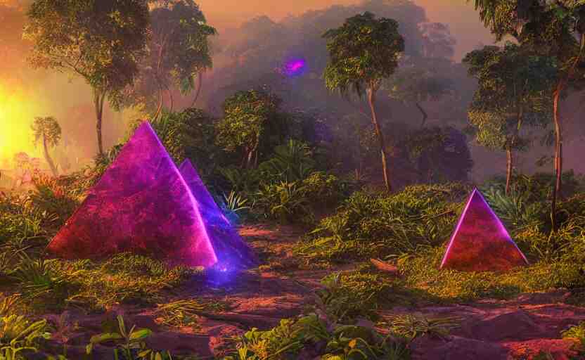 a crystal tetrahedron!!! in the middle of ancient ruins in a lush prehistoric jungle, inside a humongous cave, red and magenta flowers, sunset, godrays, orange and blue sky, haze, volumetric lighting, a high - quality render, photorealistic, unreal engine 5 