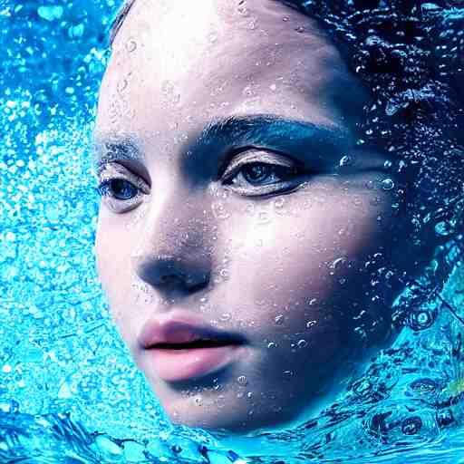 water artwork manipulation in the shape of a beautiful female head, on the ocean water, ray tracing, realistic water sharp focus, long shot, 8 k resolution, cinematic, realistic water art 