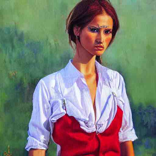 hyperrealism oil painting of ukrainian model in vyshyvanka shirt 