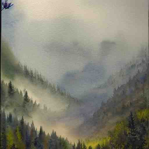 a beautiful watercolor painting an epic appalachian wilderness at dawn, godrays, mystical, deep shadows, epic scale 