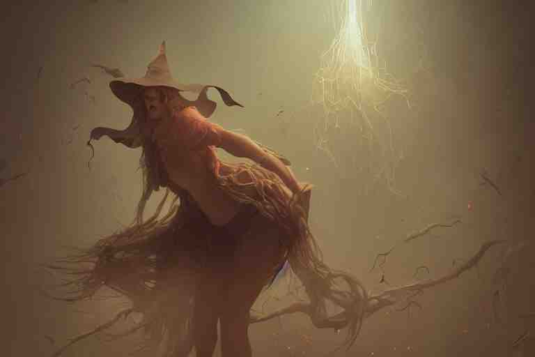 witch lifted from floor by spiritual surreal entity, dynamic lighting, action scene, 8 0 mm, highly detailed, soft, dmt, geometric, beautiful, highly detailed, sharp focus, illustration, trending on artstation, artwork by wlop 