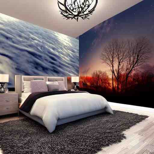 a cozy bedroom interior with wall murals painted by a genius, detailed, high resolution, wow!, intricate, volumetric lighting, raytracing 
