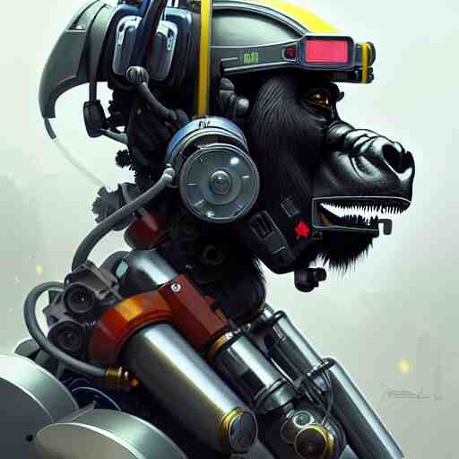 portrait of medical paramedic gorilla mech,wires,gadgets,cables,lenses,gears,led displays,UI intricate, elegant, highly detailed, digital painting, artstation, concept art, smooth, sharp focus, illustration, art by artgerm and greg rutkowski and alphonse mucha