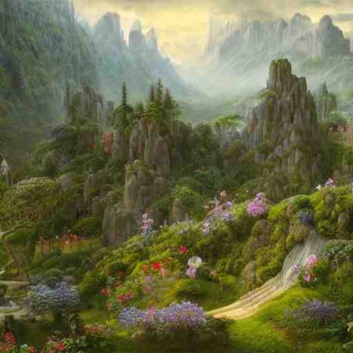 a beautiful and highly detailed matte painting of a magical garden deep in the misty mountains, intricate details, epic scale, insanely complex, 8 k, sharp focus, hyperrealism, by caspar friedrich, 