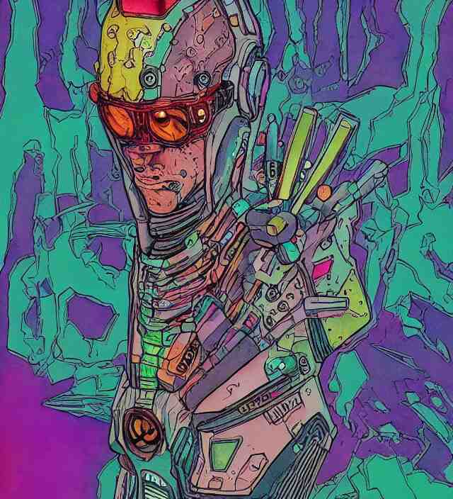 a watercolor ink painting of a cybernertic punk / raver in the style of jean giraud in the style of moebius trending on artstation deviantart pinterest detailed realistic hd 8 k high resolution 