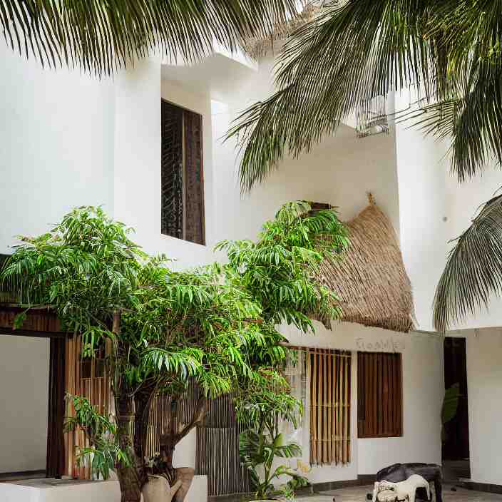 idyllic town house on a quiet street in lagos, tropical architecture with sun shading and pergolas, modernist african building, contemporary architecture, architectural photography, canon eos r 3, telephoto lens, sigma 5 0 0 mm f / 5, iso 2 0 0, 1 / 1 6 0 s, 8 k, raw, unedited, in - frame 