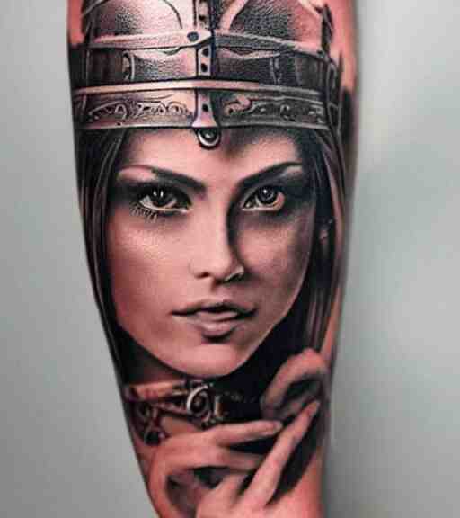 tattoo design on white background of a beautiful girl warrior, hyper realistic, amazing detail, inspired by eliot kohek 