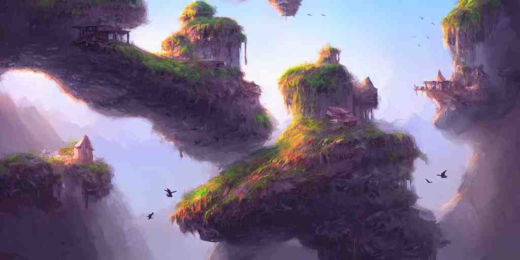 peaceful village built on floating rocks in the sky, rope bridges, birds in background, high fantasy, detailed, digital painting, realistic, landscape by jonathan berube 