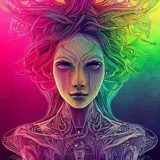 the head of a beautiful rainbow woman, an ultrafine detailed illustration by james jean, final fantasy, intricate linework, bright colors, behance contest winner, vanitas, angular, altermodern, unreal engine 5 highly rendered, global illumination, radiant light, detailed and intricate environment 